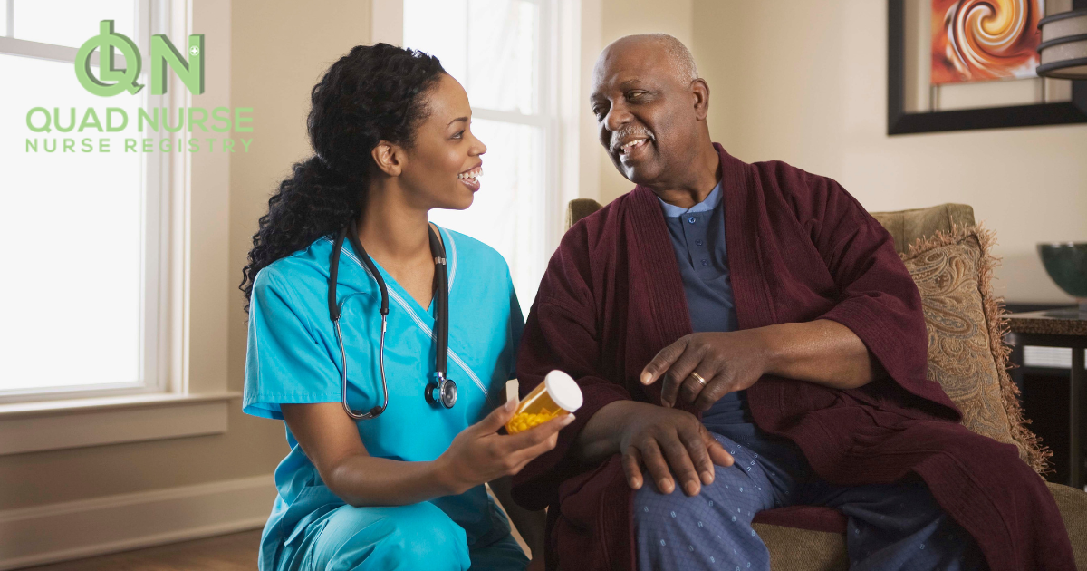 Home Care Nursing Assistant kneels next to an elderly man holding a pill bottle