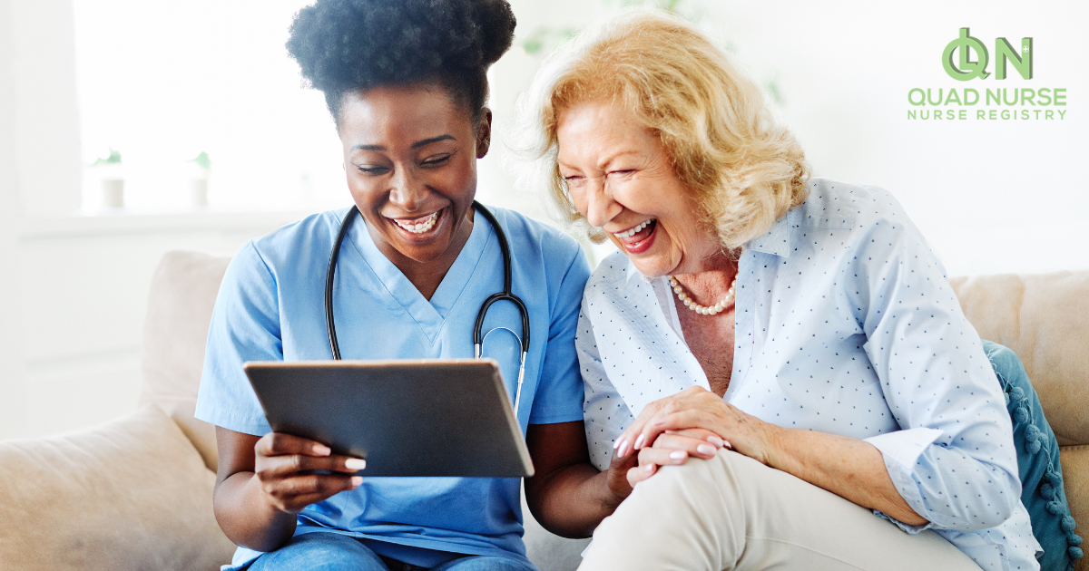Home health care careers can be enjoyable as demonstrated by this nurse who is laughing and enjoying her time with her senior patient.