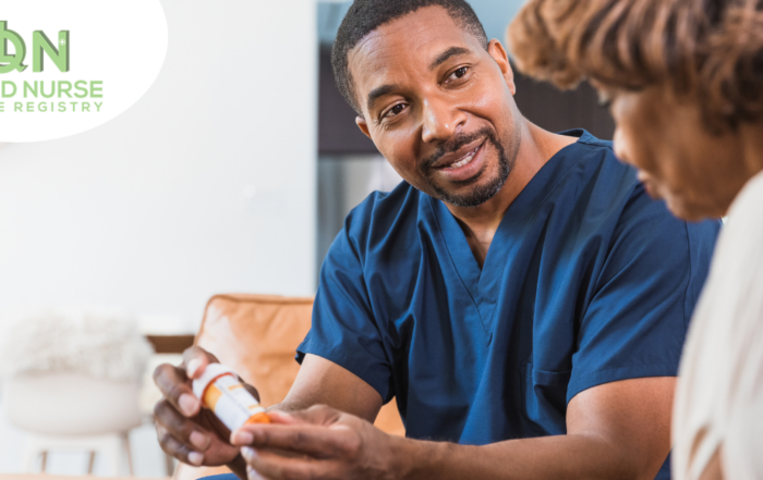Nursing careers can include visiting patients at home and helping with their medication, as demonstrated by this nurse helping his patient with hers.