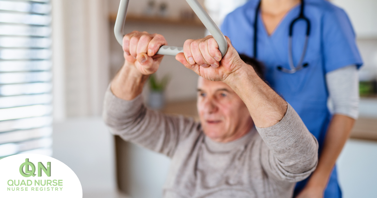 A senior exercises and improves his strength through physical therapy in his own home.